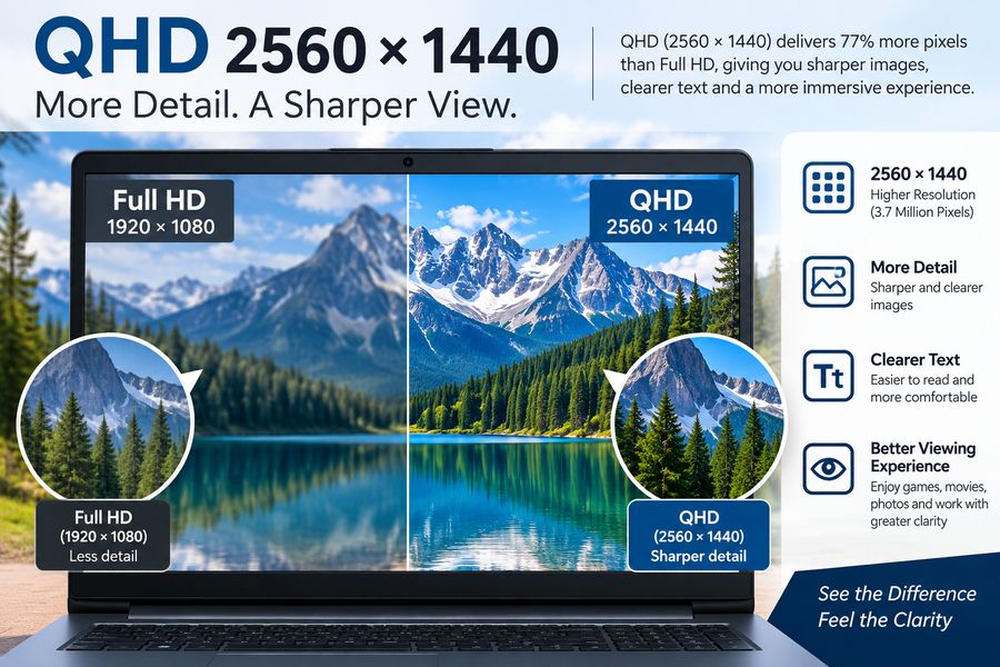 QHD 2560x1440 resolution laptop screen